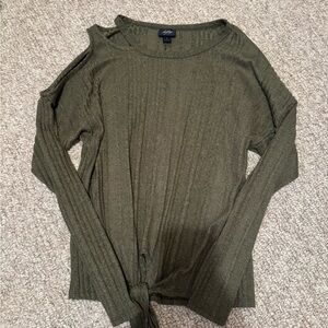 Daytrip Olive Cold-Shoulder Ribbed Long Sleeve Top with Front Tie